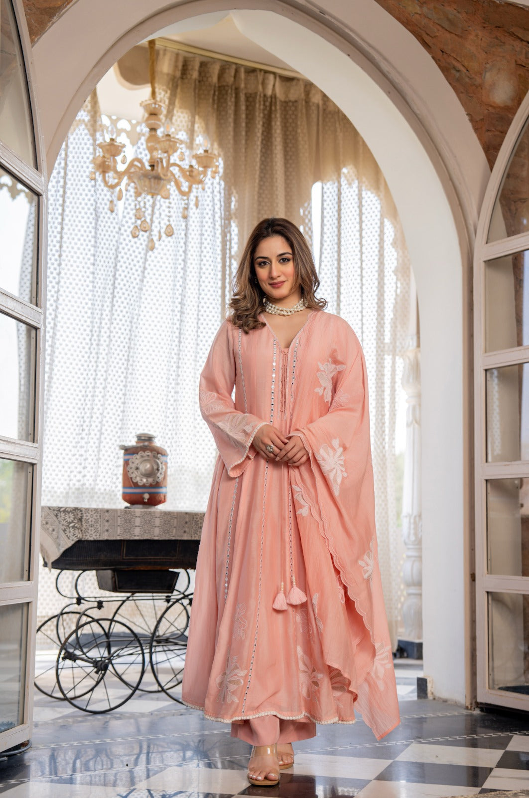 Women’s Pink Embroidered Kurta Set with Floral Dupatta
