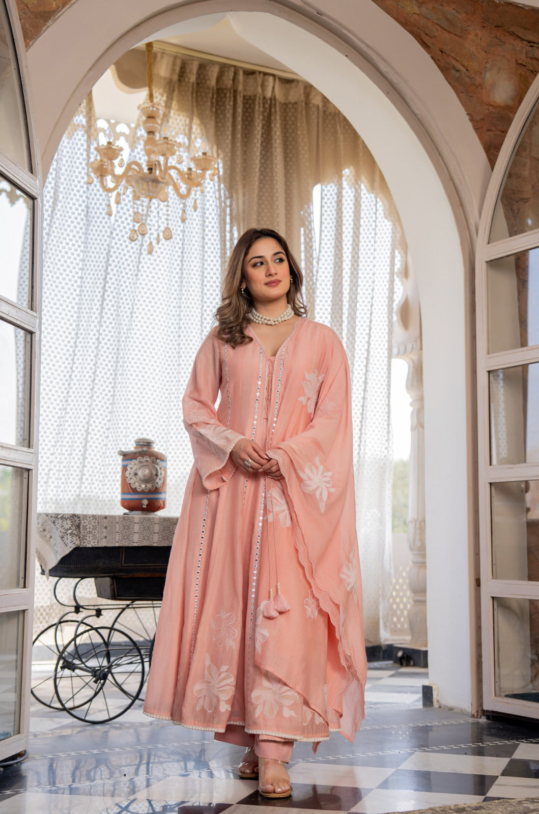 Women’s Pink Embroidered Kurta Set with Floral Dupatta