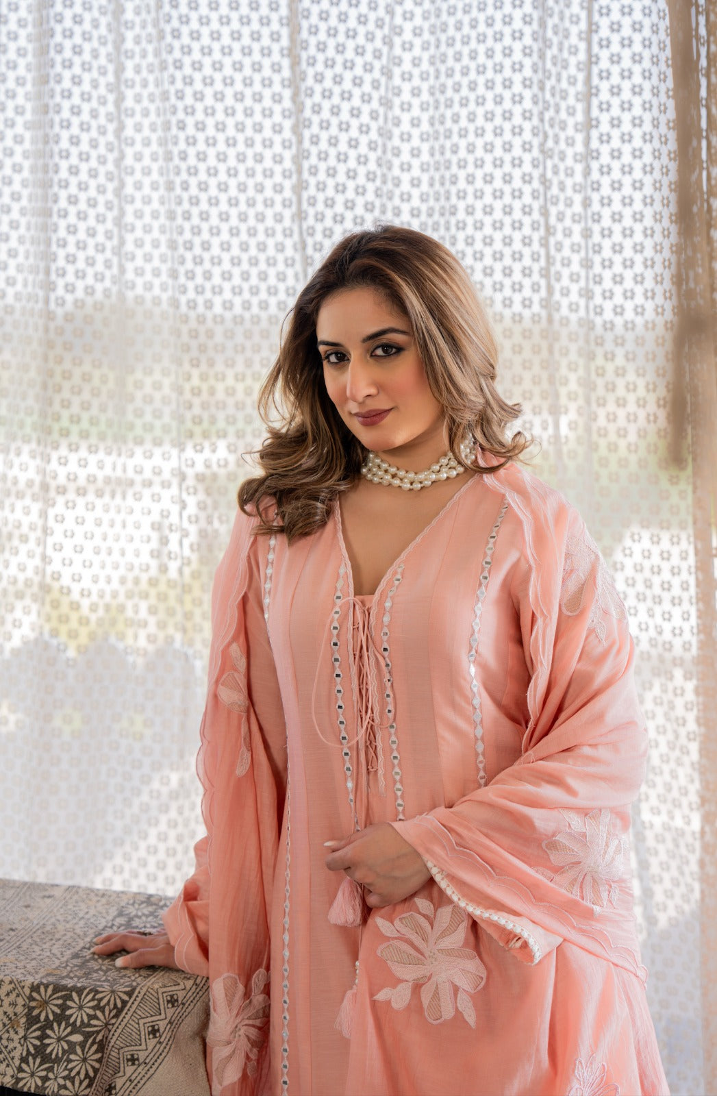 Women’s Pink Embroidered Kurta Set with Floral Dupatta