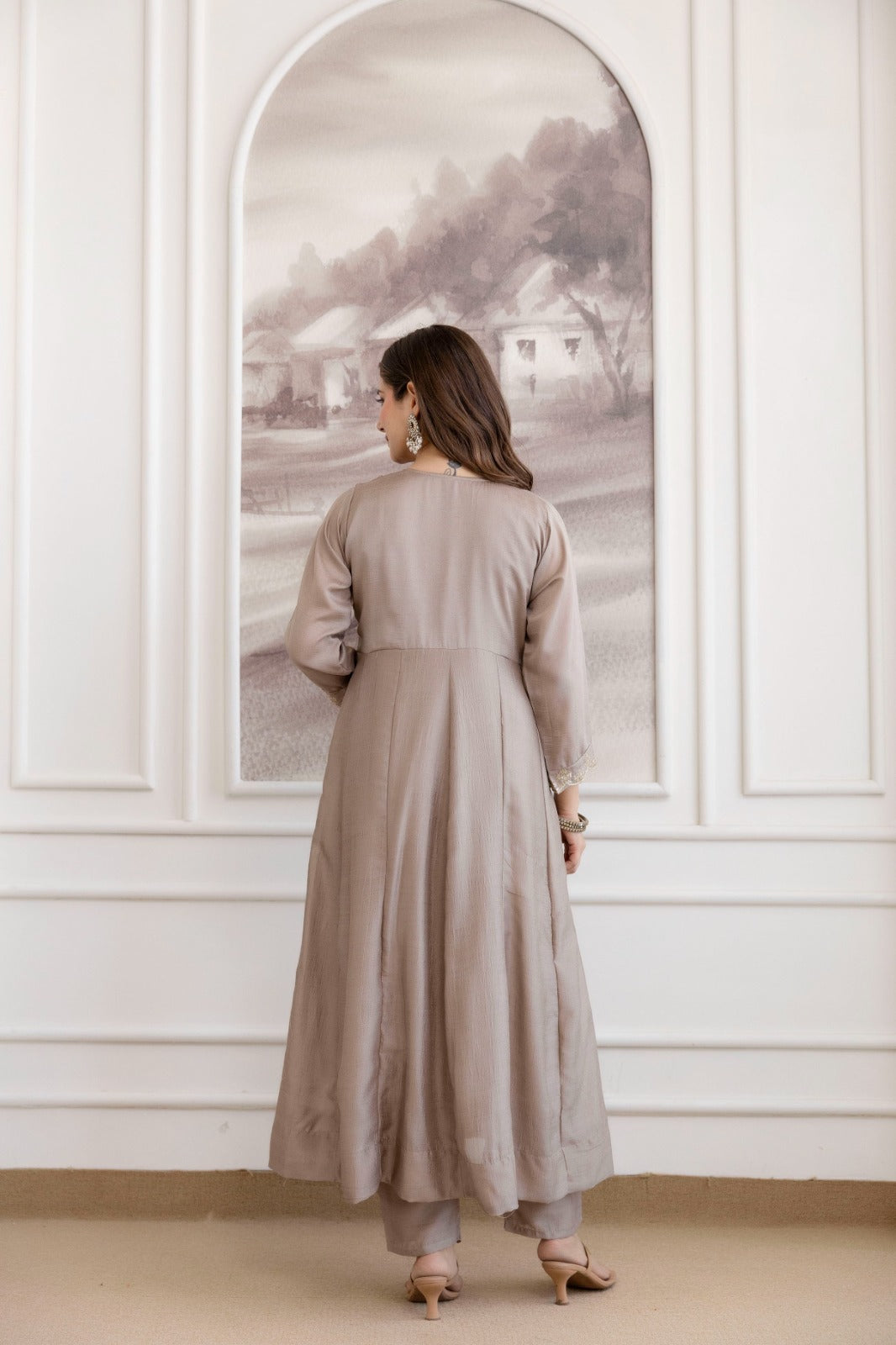 Mushroom Embroidered A-Line Kurta Set with Scalloped Dupatta