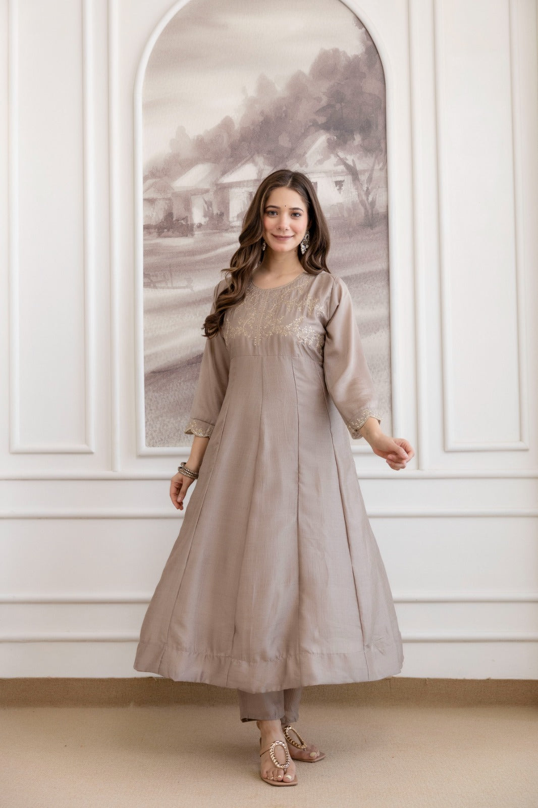 Mushroom Embroidered A-Line Kurta Set with Scalloped Dupatta