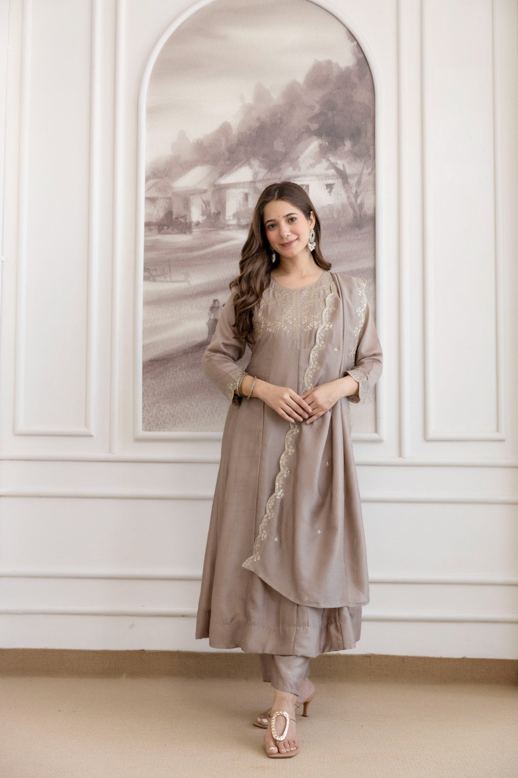 Mushroom Embroidered A-Line Kurta Set with Scalloped Dupatta
