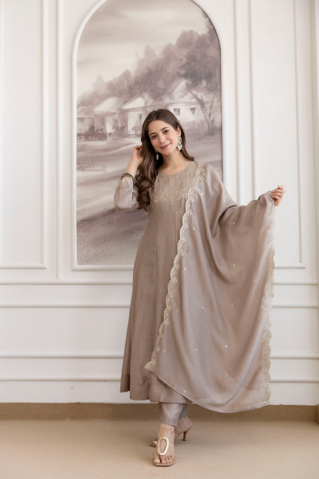 Mushroom Embroidered A-Line Kurta Set with Scalloped Dupatta