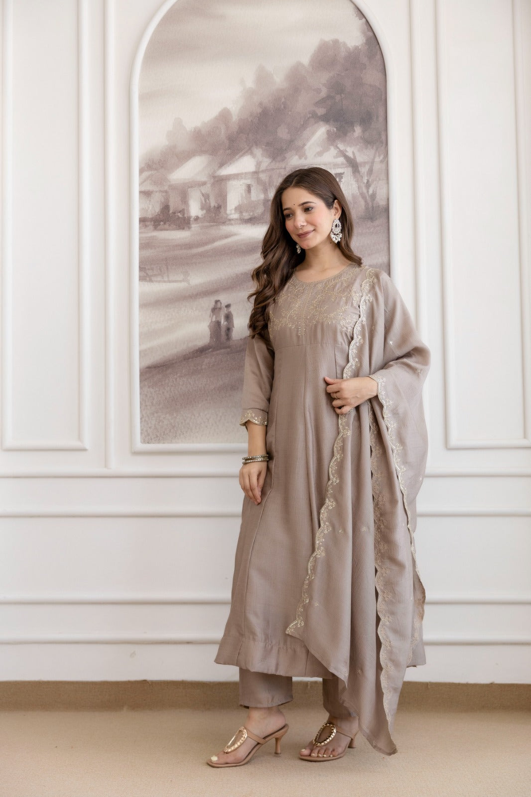 Mushroom Embroidered A-Line Kurta Set with Scalloped Dupatta