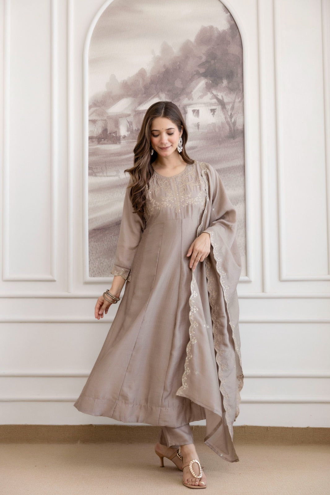 Mushroom Embroidered A-Line Kurta Set with Scalloped Dupatta