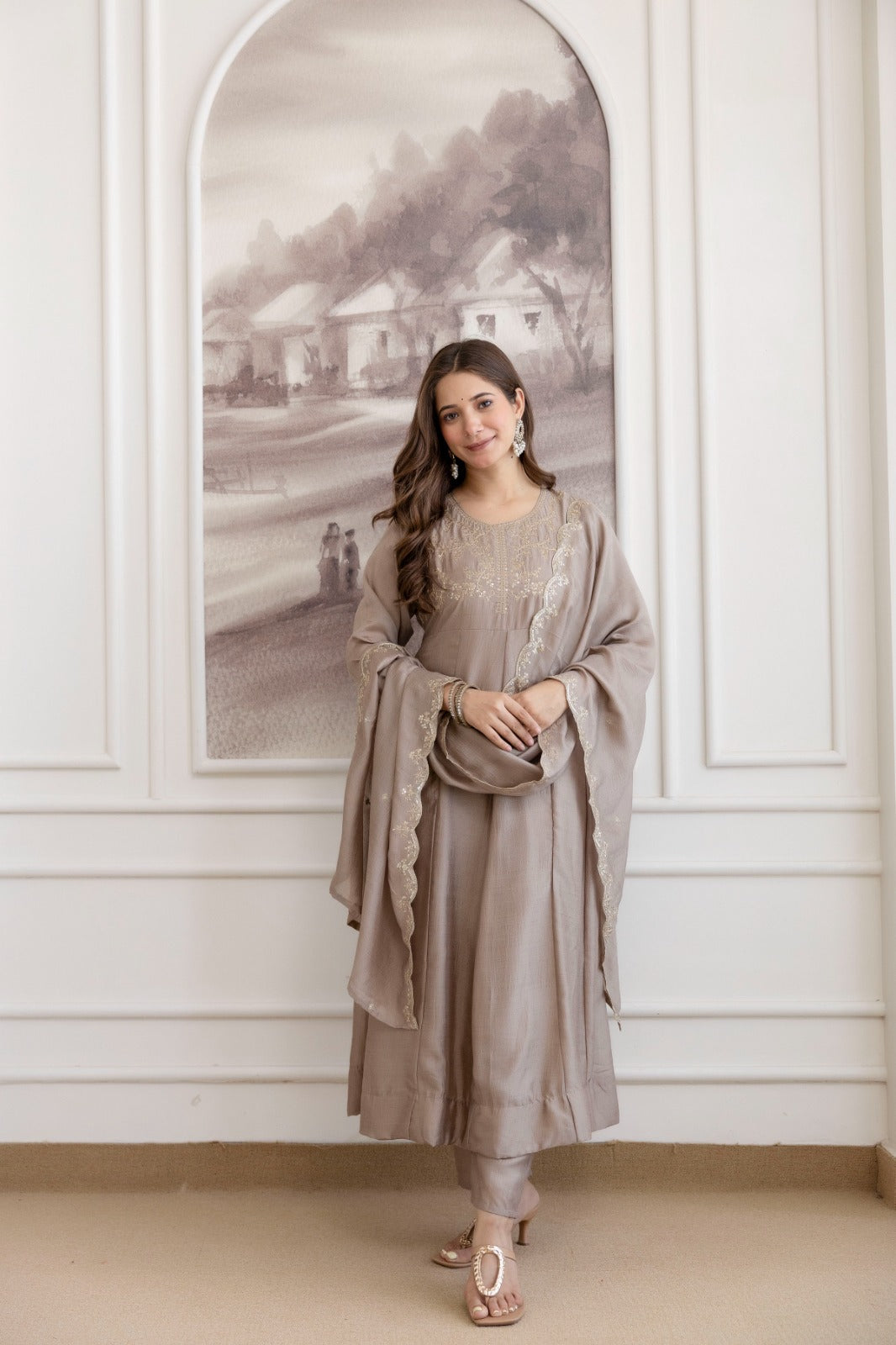 Mushroom Embroidered A-Line Kurta Set with Scalloped Dupatta
