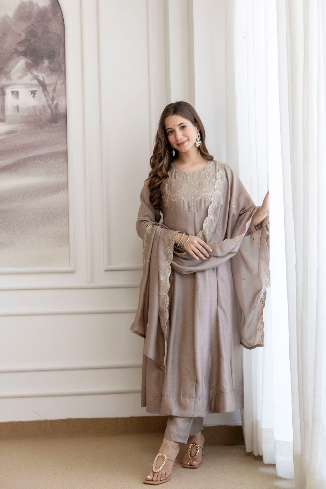Mushroom Embroidered A-Line Kurta Set with Scalloped Dupatta
