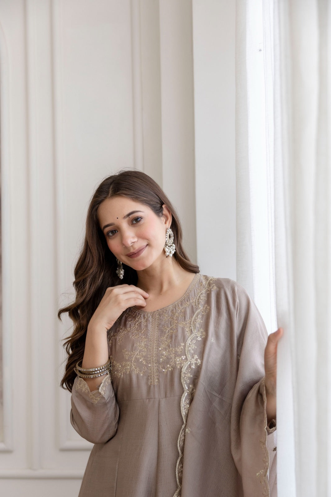 Mushroom Embroidered A-Line Kurta Set with Scalloped Dupatta