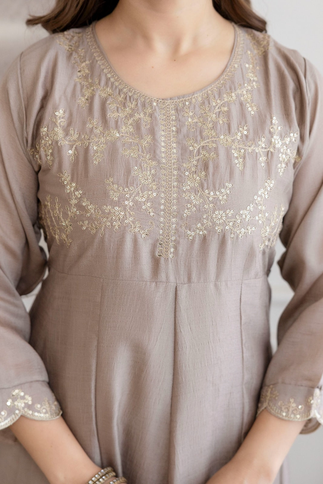 Mushroom Embroidered A-Line Kurta Set with Scalloped Dupatta