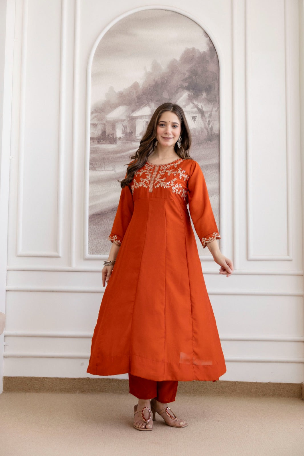 Mushroom Embroidered A-Line Kurta Set with Scalloped Dupatta