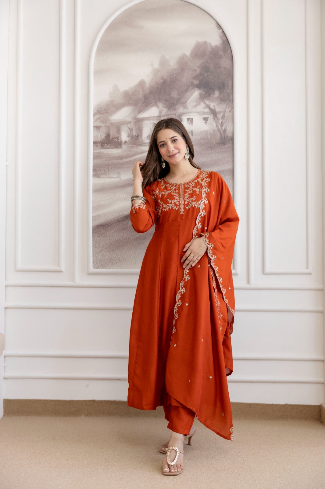 Mushroom Embroidered A-Line Kurta Set with Scalloped Dupatta