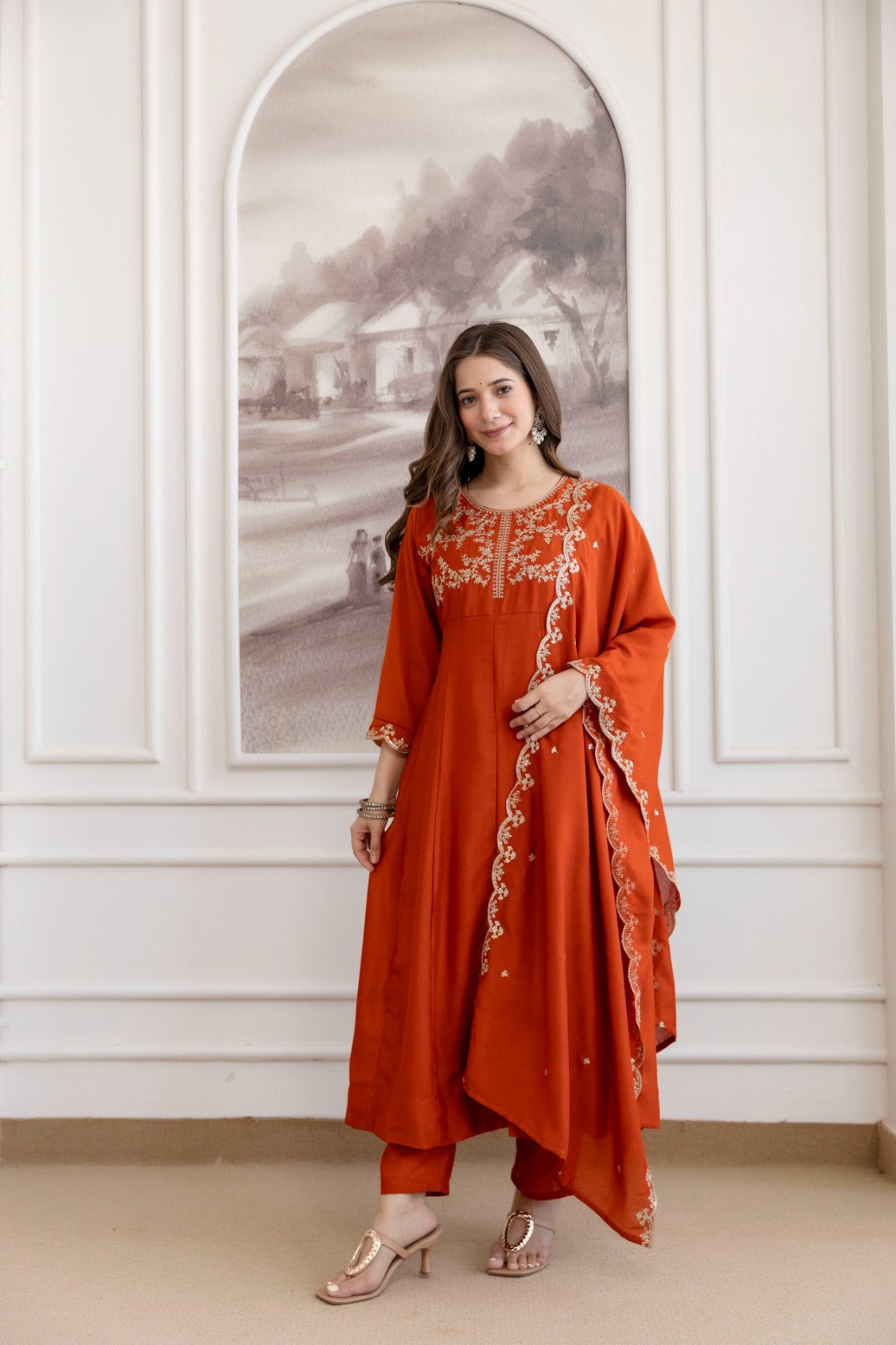 Mushroom Embroidered A-Line Kurta Set with Scalloped Dupatta