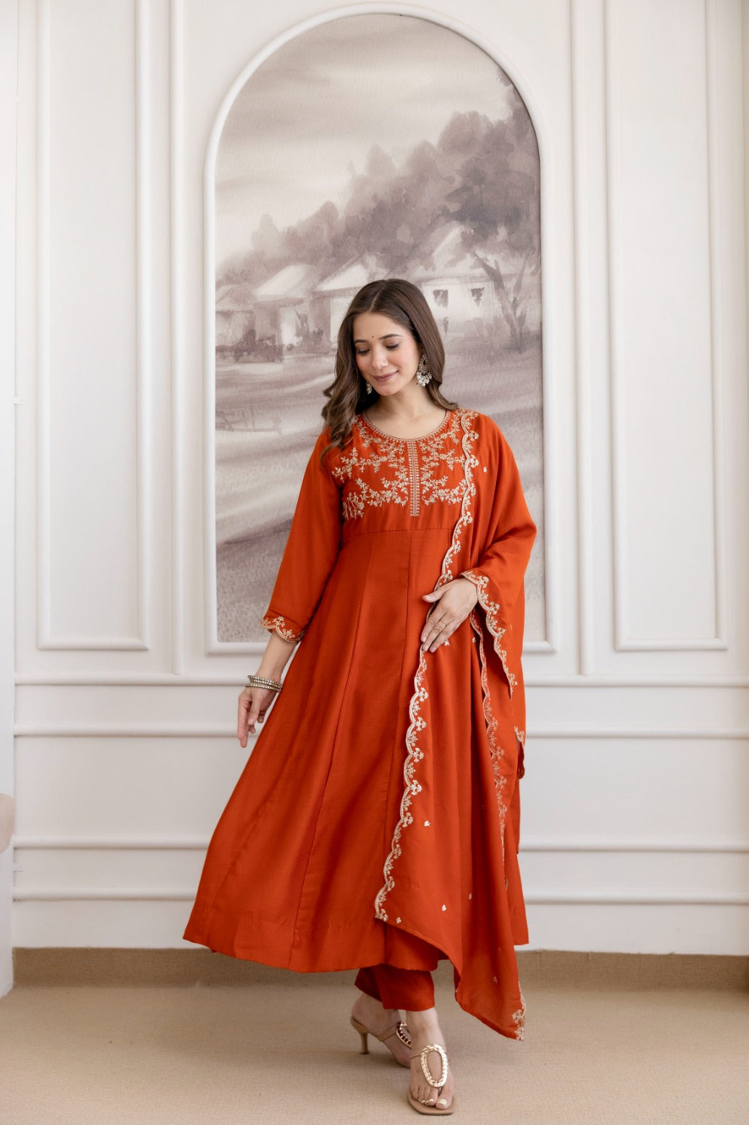 Mushroom Embroidered A-Line Kurta Set with Scalloped Dupatta