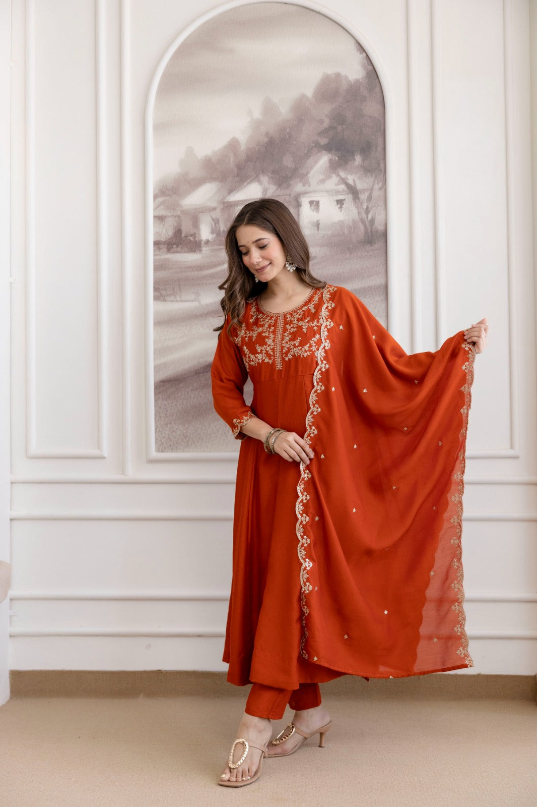 Mushroom Embroidered A-Line Kurta Set with Scalloped Dupatta