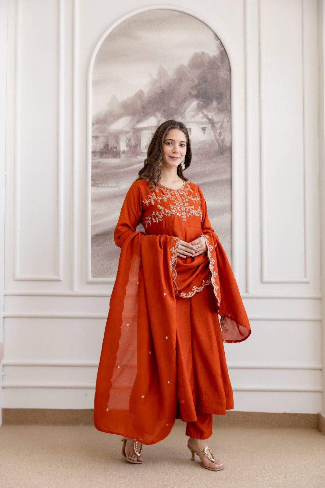 Mushroom Embroidered A-Line Kurta Set with Scalloped Dupatta