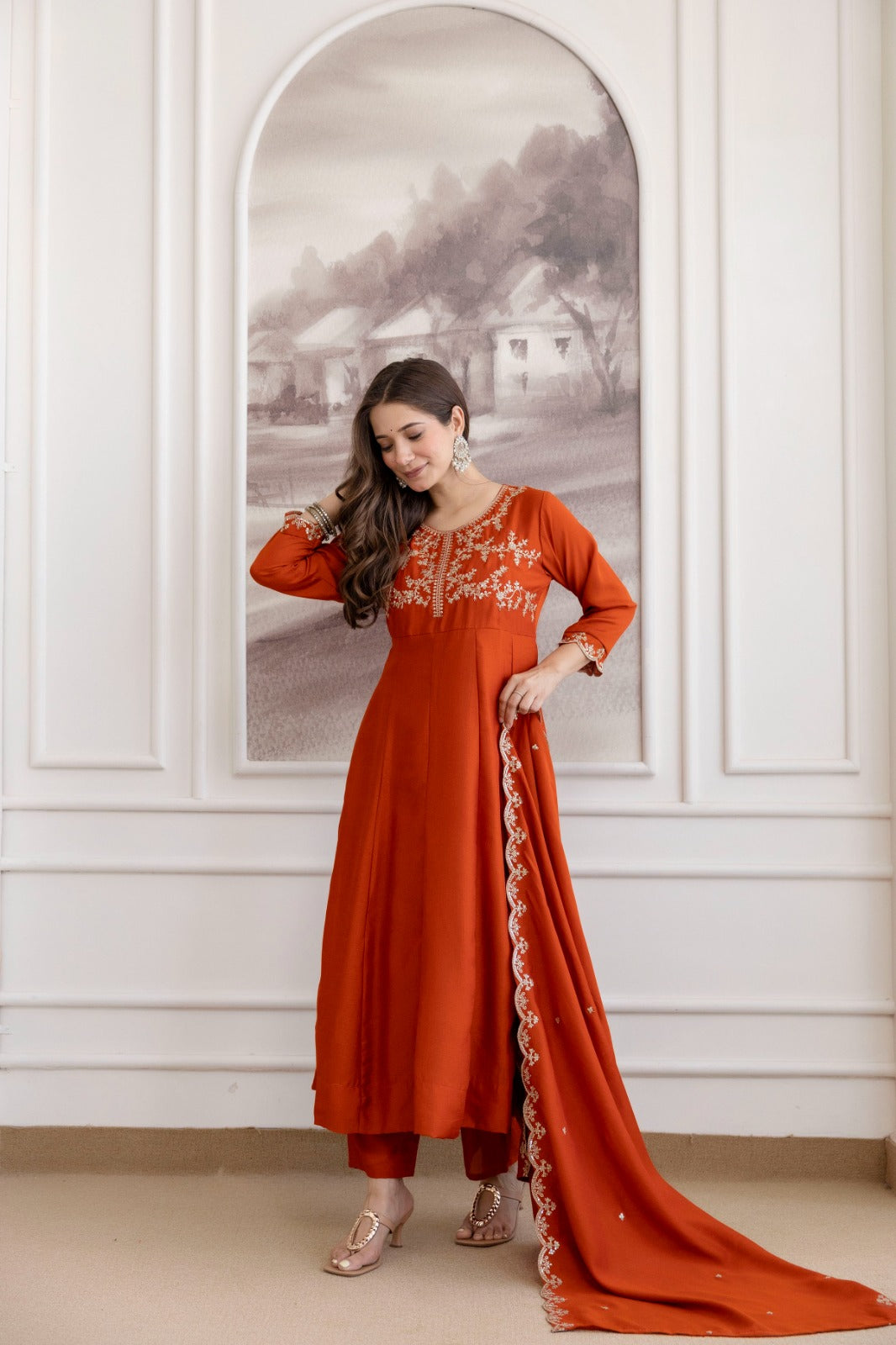 Mushroom Embroidered A-Line Kurta Set with Scalloped Dupatta