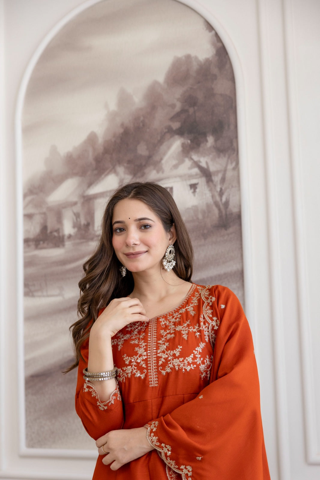 Mushroom Embroidered A-Line Kurta Set with Scalloped Dupatta