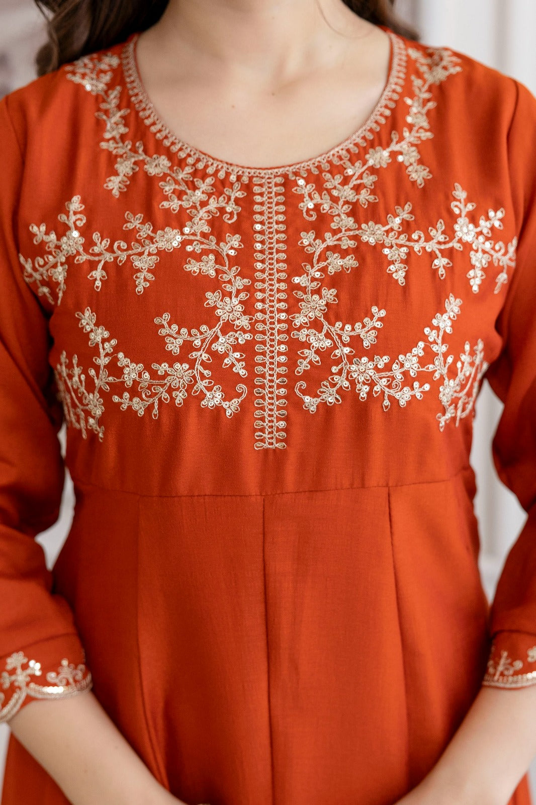 Mushroom Embroidered A-Line Kurta Set with Scalloped Dupatta