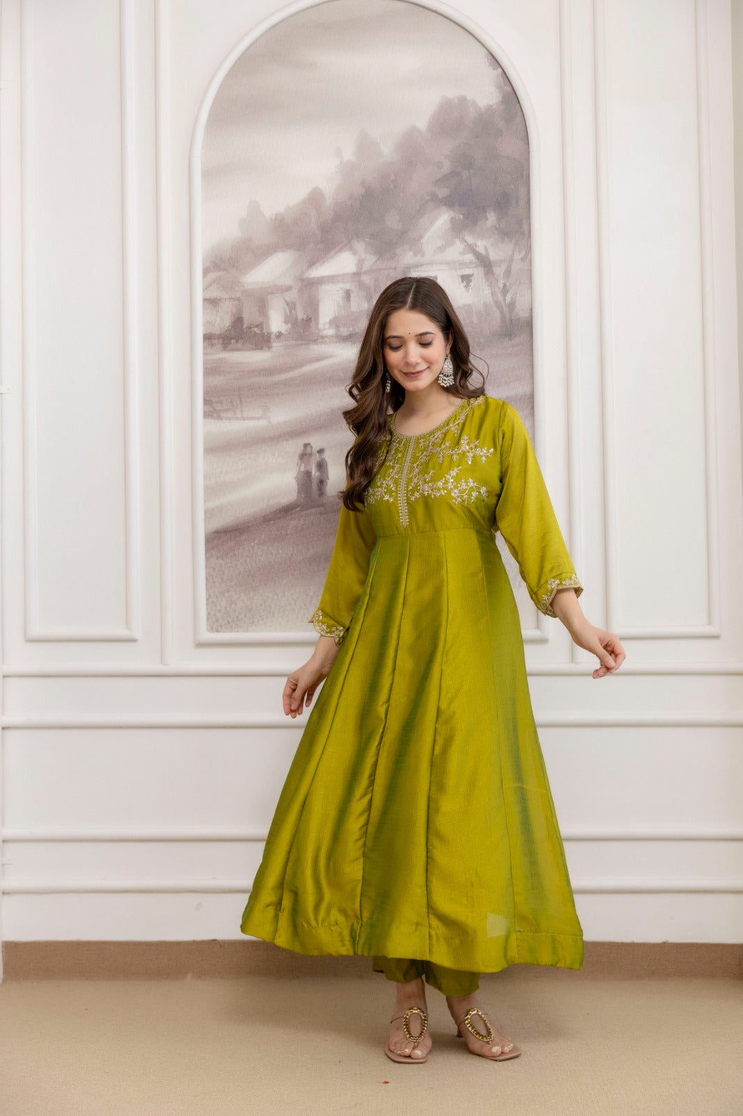 Mushroom Embroidered A-Line Kurta Set with Scalloped Dupatta