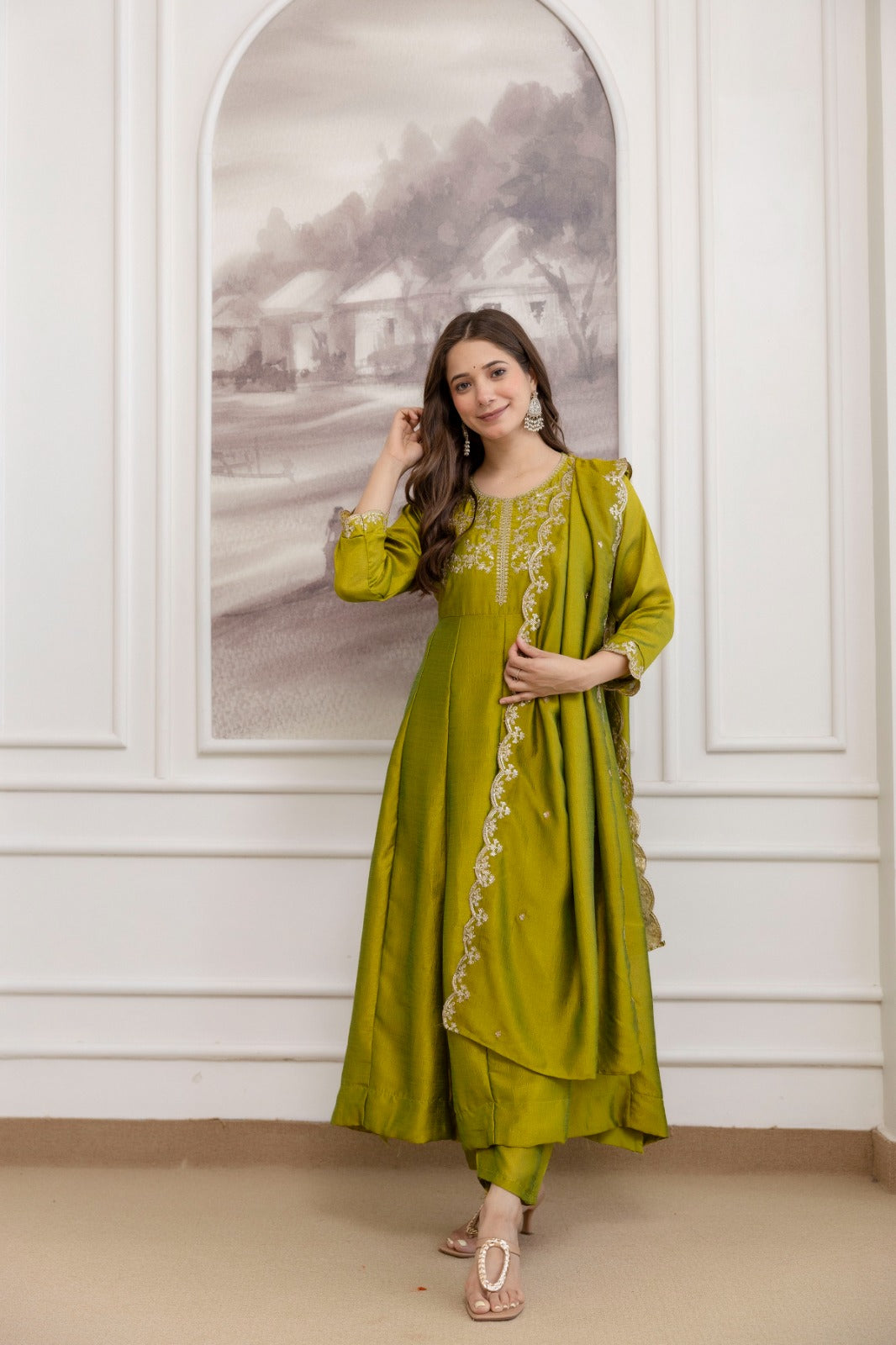 Mushroom Embroidered A-Line Kurta Set with Scalloped Dupatta