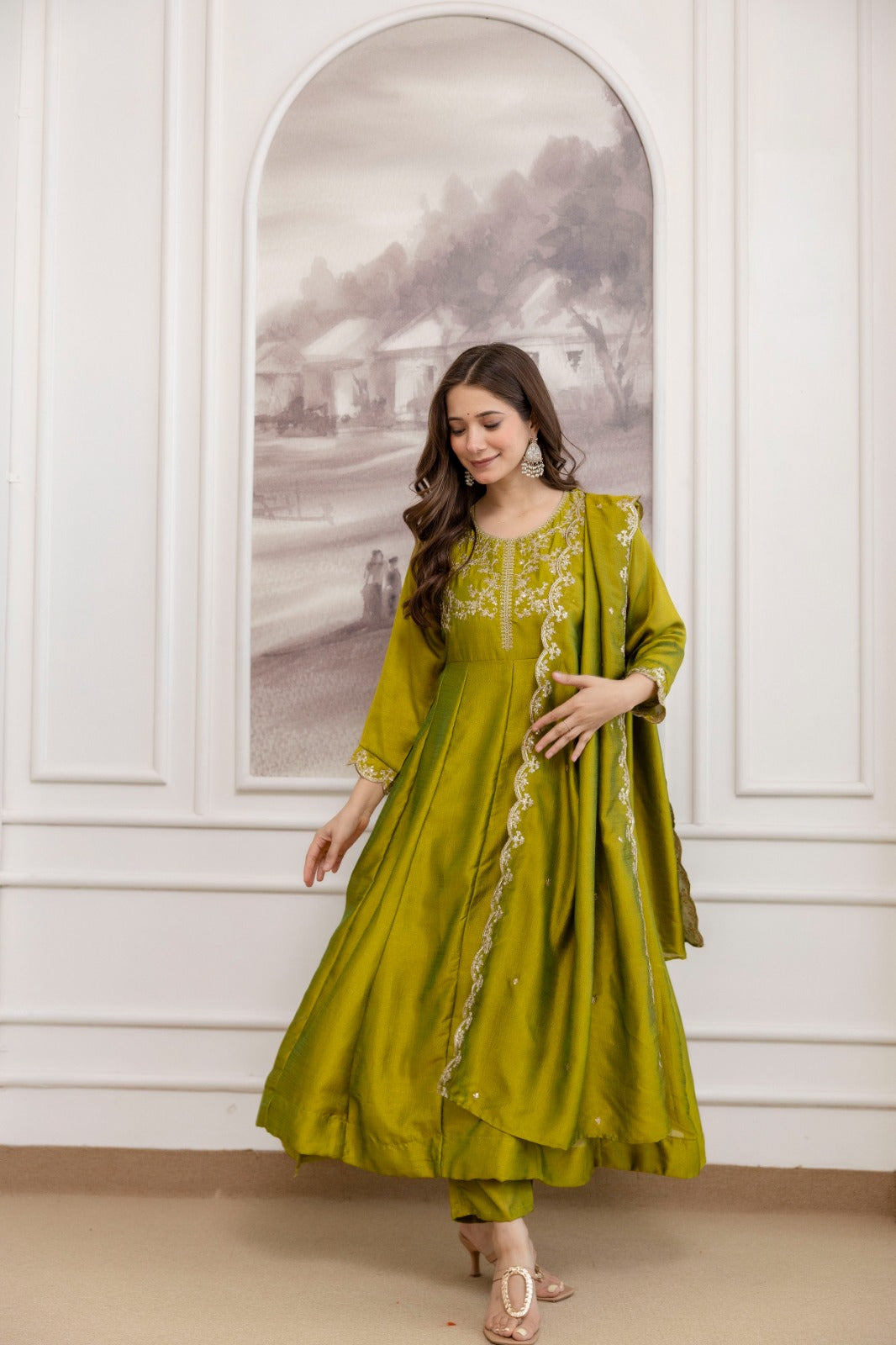 Mushroom Embroidered A-Line Kurta Set with Scalloped Dupatta