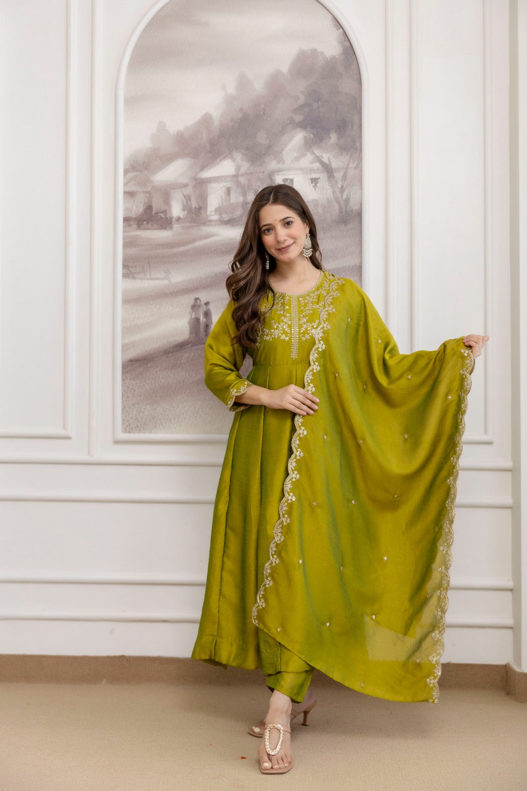 Mushroom Embroidered A-Line Kurta Set with Scalloped Dupatta