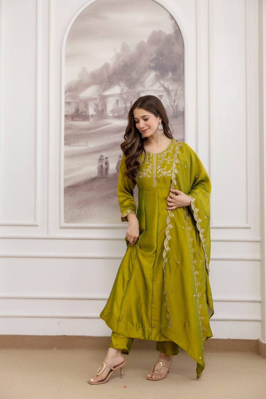 Mushroom Embroidered A-Line Kurta Set with Scalloped Dupatta