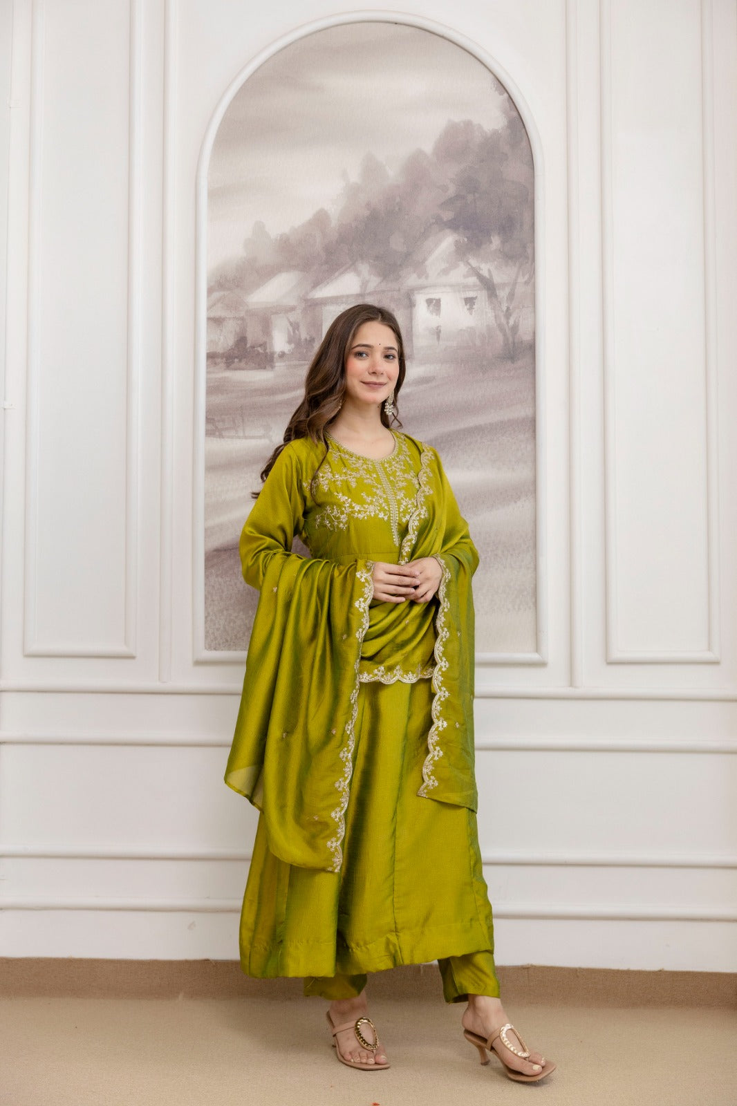 Mushroom Embroidered A-Line Kurta Set with Scalloped Dupatta