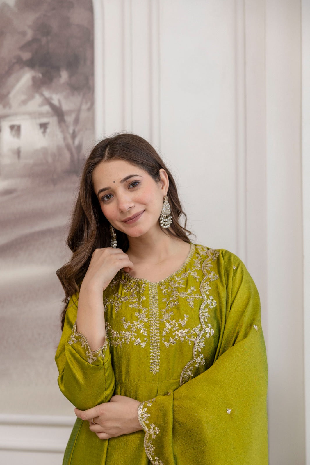 Mushroom Embroidered A-Line Kurta Set with Scalloped Dupatta