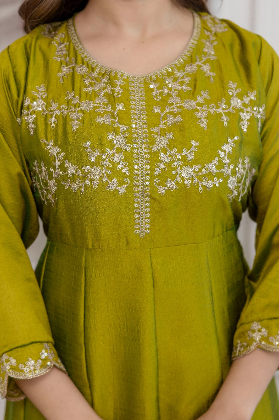 Mushroom Embroidered A-Line Kurta Set with Scalloped Dupatta