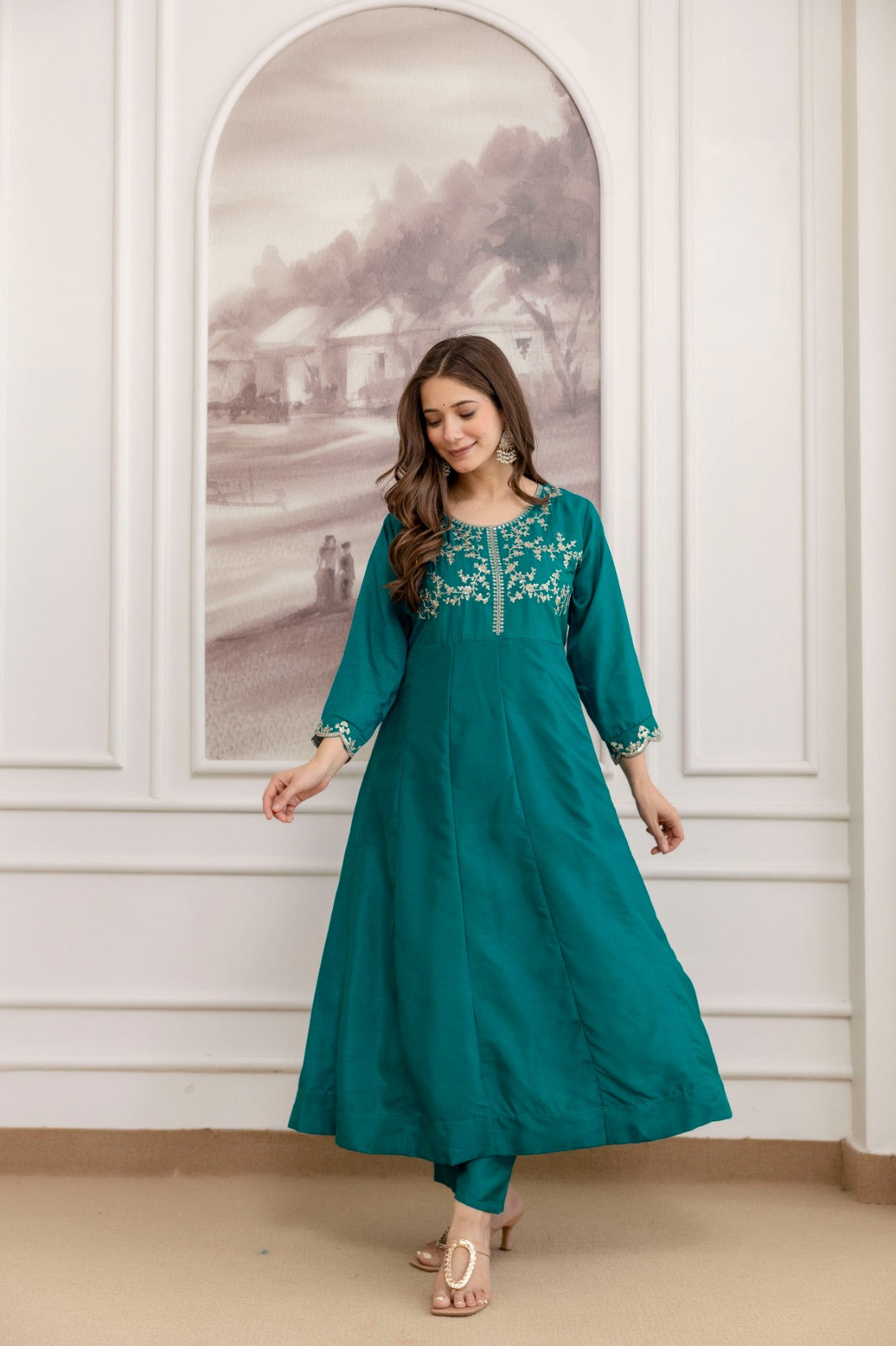 Mushroom Embroidered A-Line Kurta Set with Scalloped Dupatta
