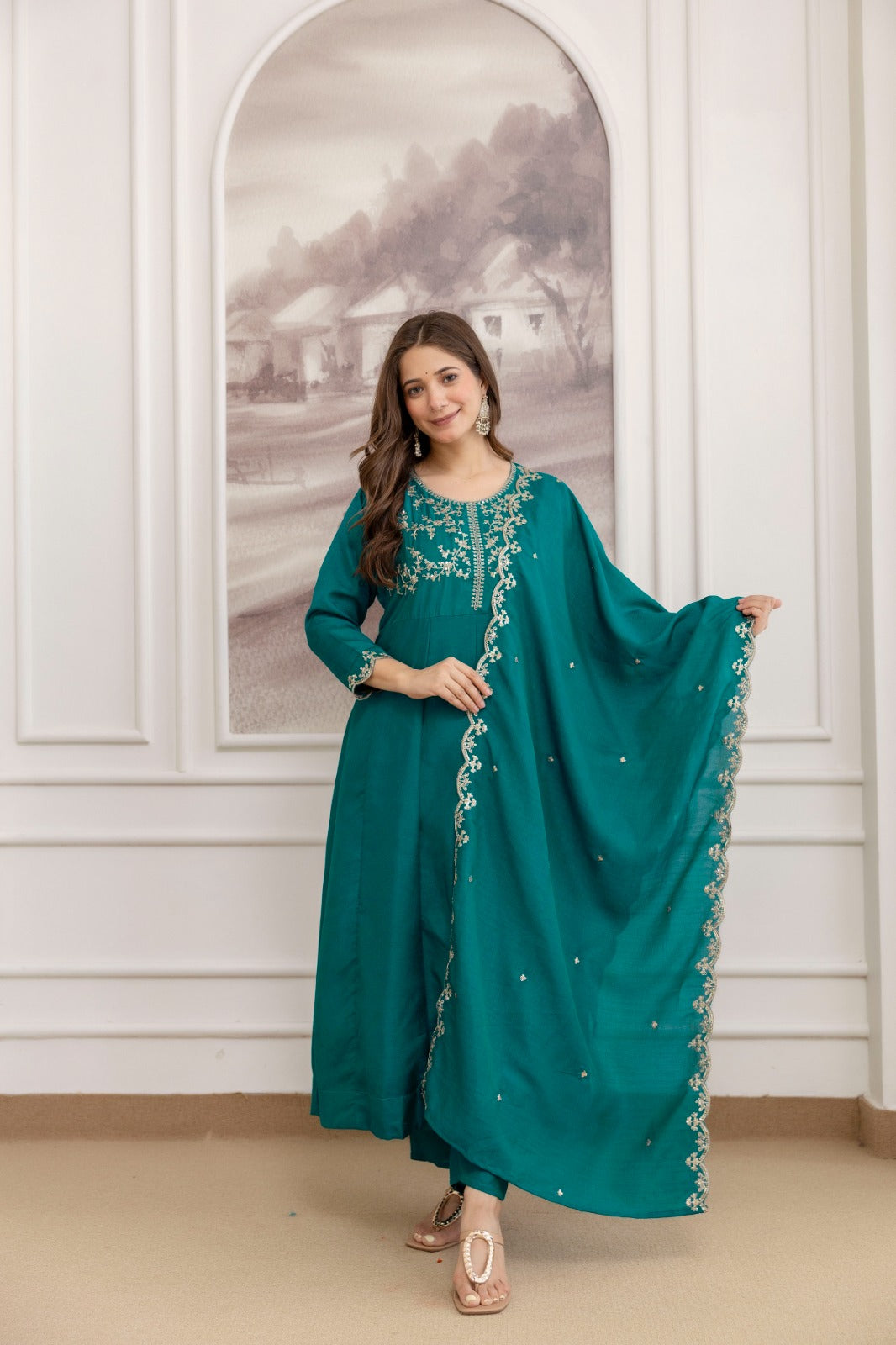 Mushroom Embroidered A-Line Kurta Set with Scalloped Dupatta