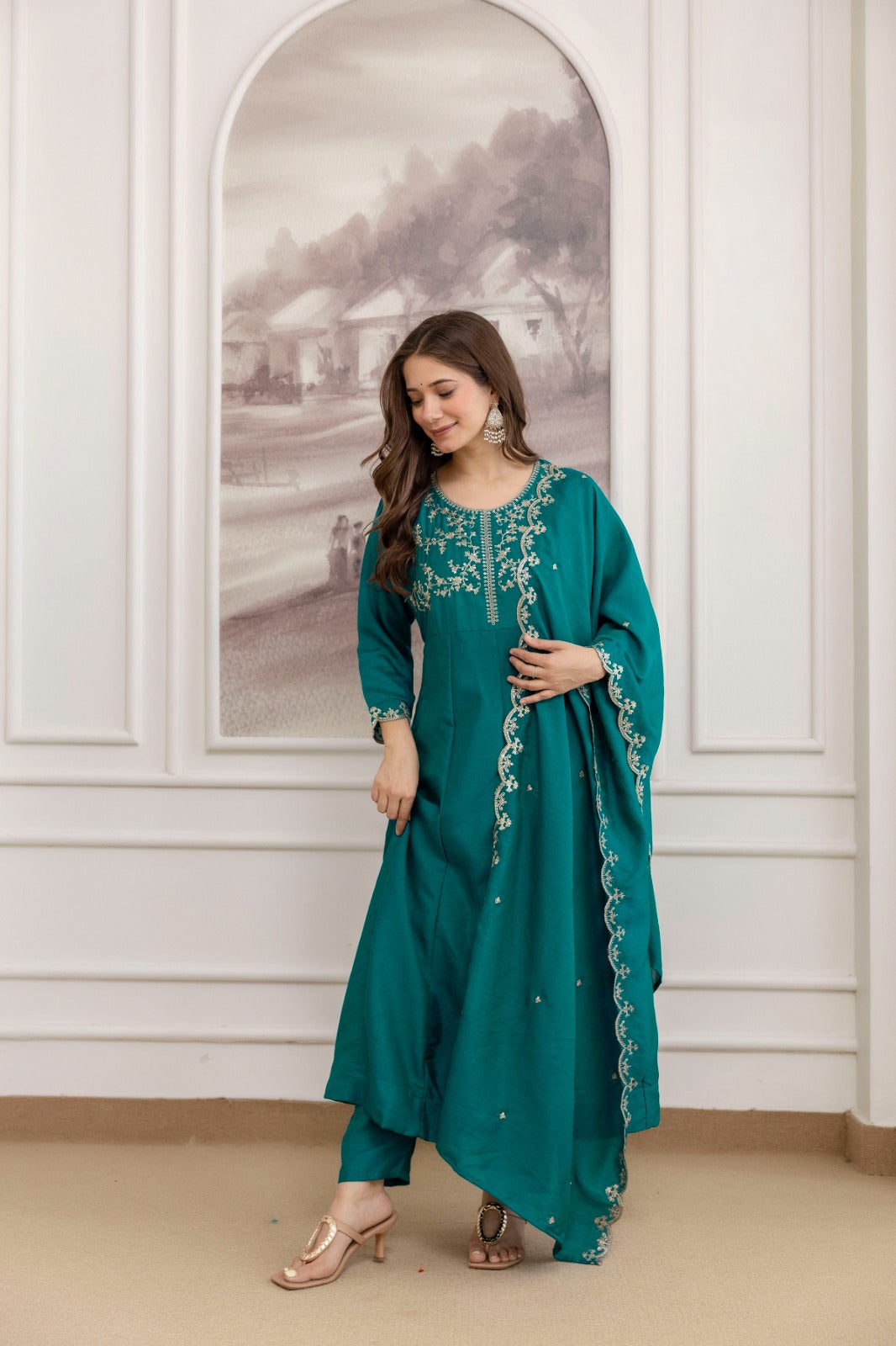 Mushroom Embroidered A-Line Kurta Set with Scalloped Dupatta