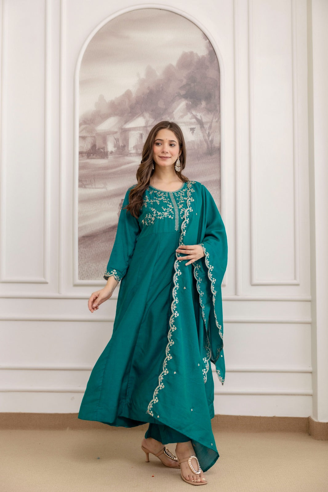 Mushroom Embroidered A-Line Kurta Set with Scalloped Dupatta