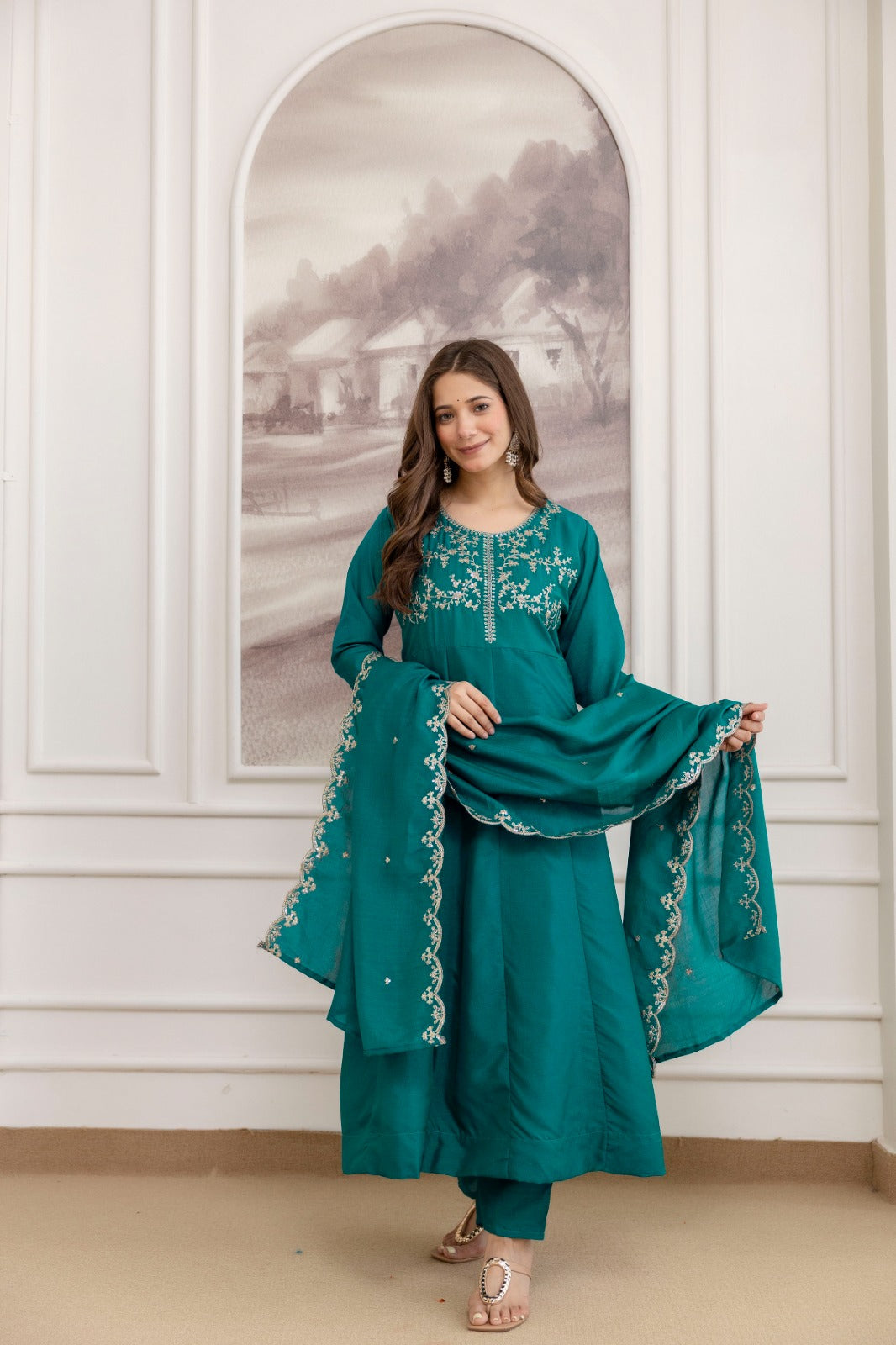 Mushroom Embroidered A-Line Kurta Set with Scalloped Dupatta
