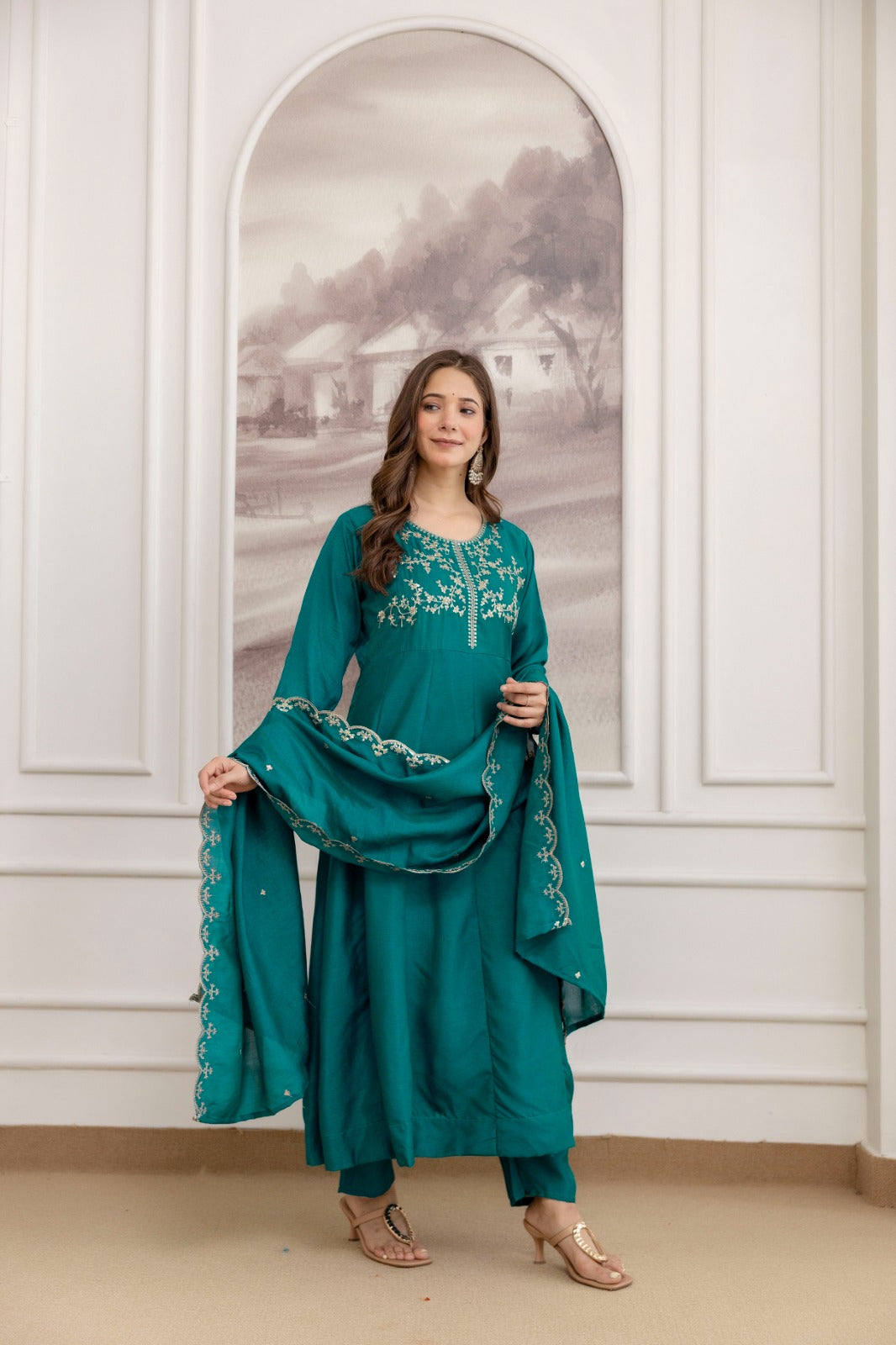 Mushroom Embroidered A-Line Kurta Set with Scalloped Dupatta