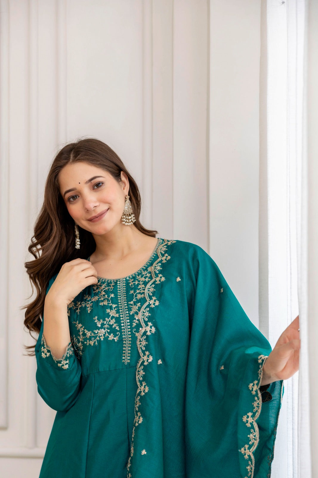 Mushroom Embroidered A-Line Kurta Set with Scalloped Dupatta