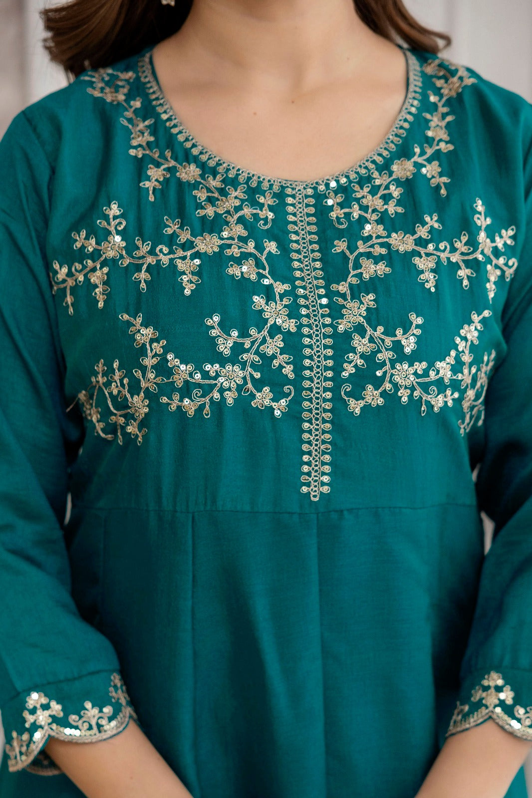Mushroom Embroidered A-Line Kurta Set with Scalloped Dupatta