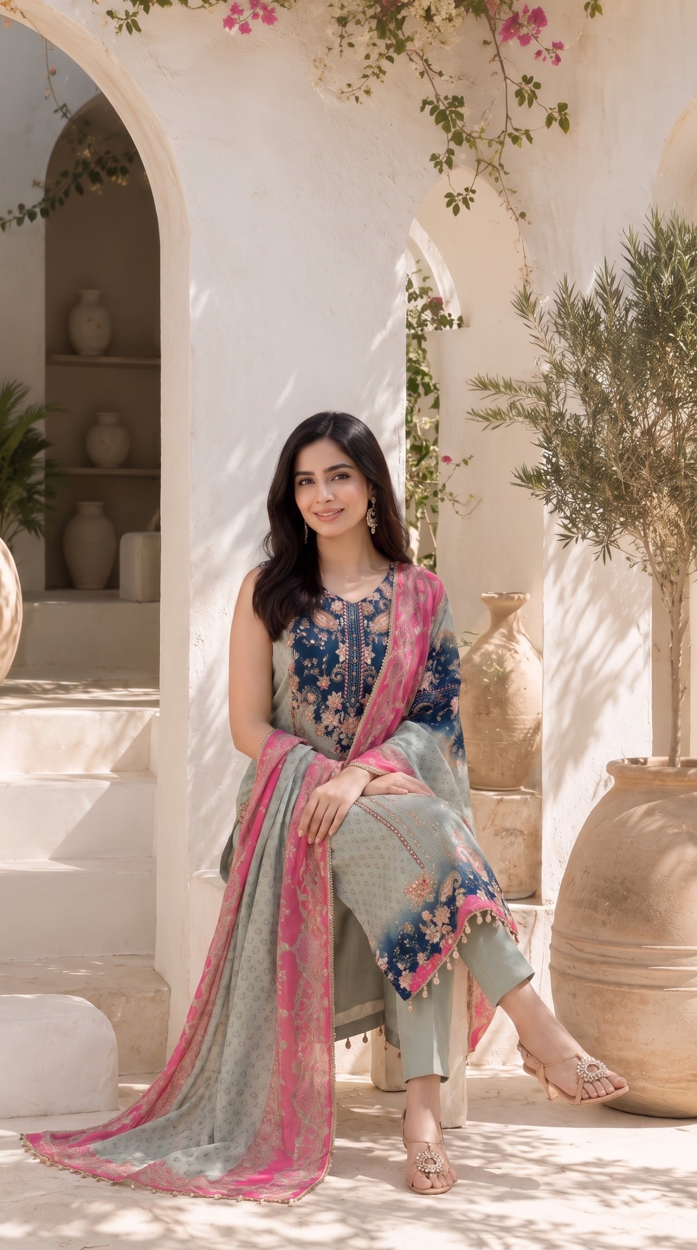 Women's Mint Green Floral Printed Straight Kurta Set with Contrast Pink Dupatta