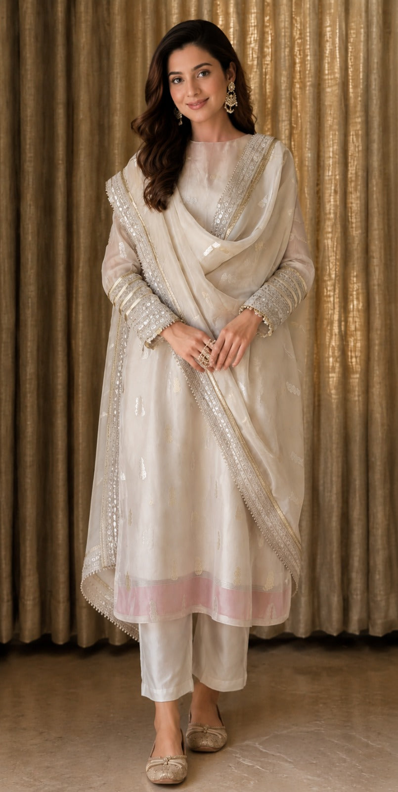 Women's Off-White Embroidered Straight Kurta Set with Dupatta