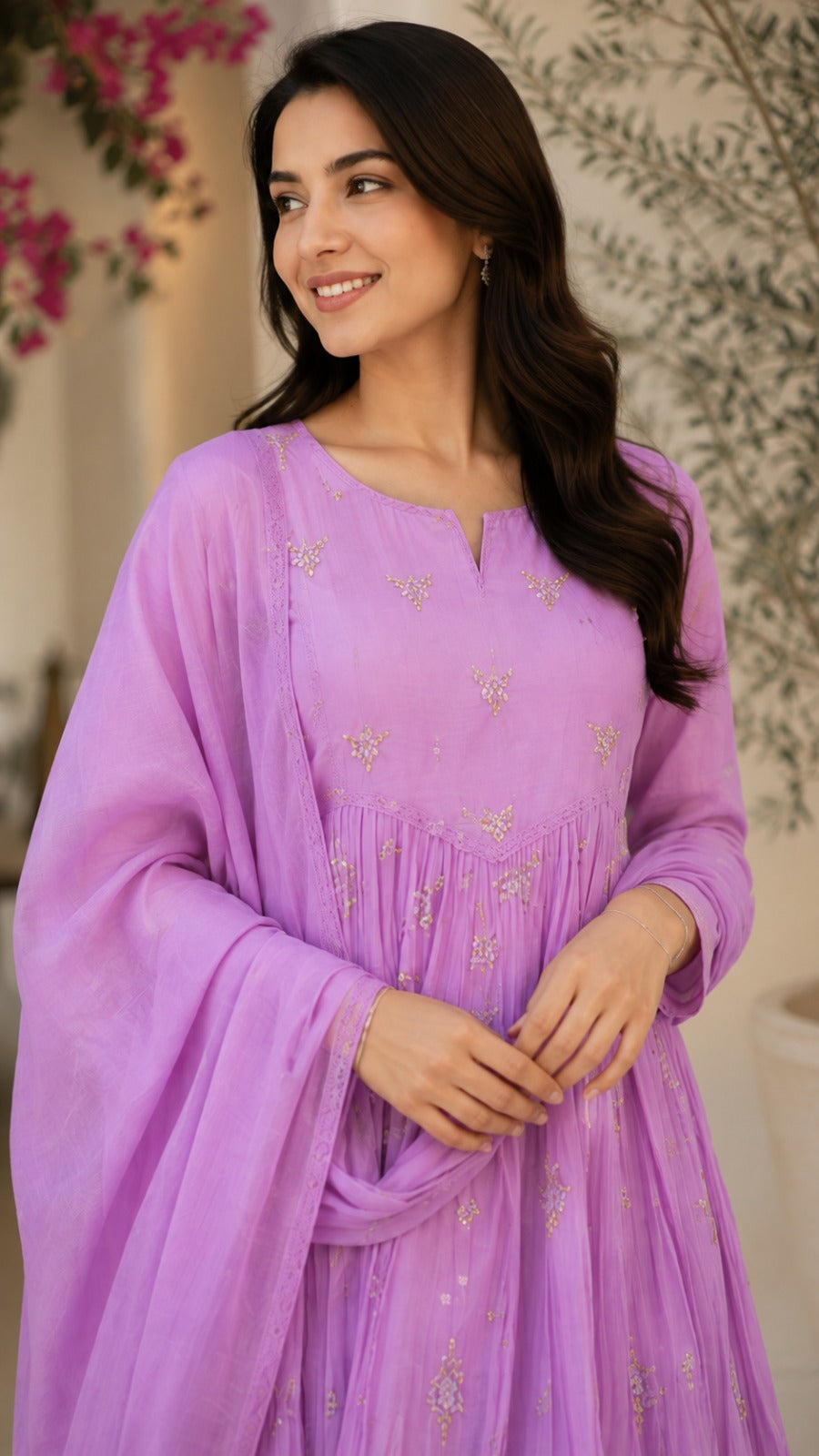 Lavender Chanderi Embroidered Anarkali Suit Set with Dupatta & Pants