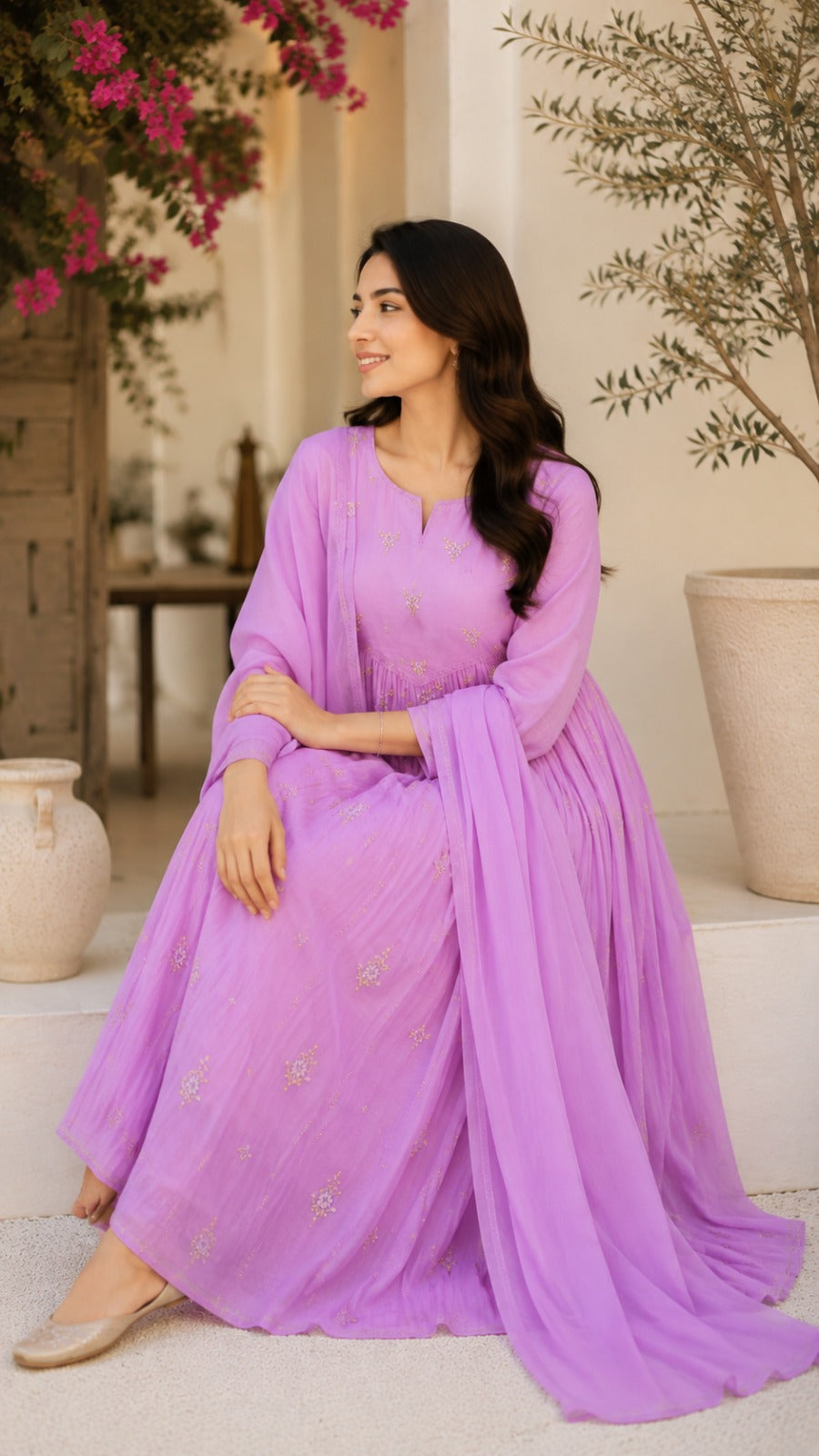 Lavender Chanderi Embroidered Anarkali Suit Set with Dupatta & Pants