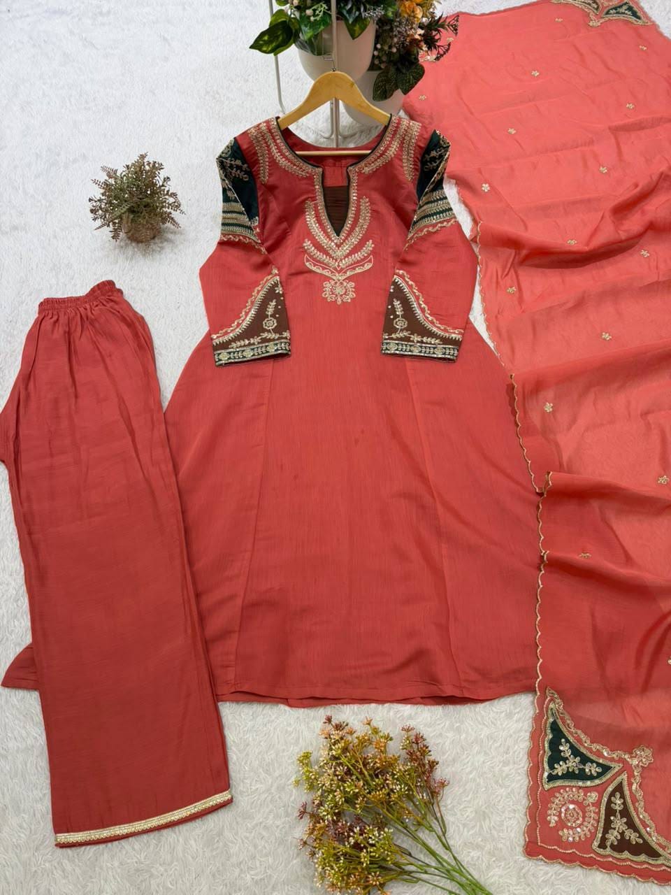 Elegant Orange & Green Embroidered Kurta Set with Dupatta