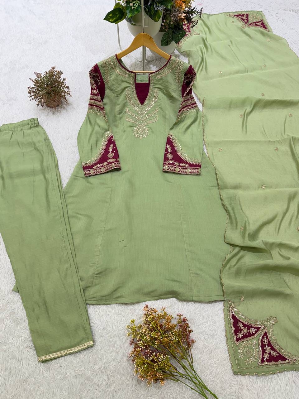 Elegant Sage Green & Maroon Embroidered Kurta Set with Dupatta