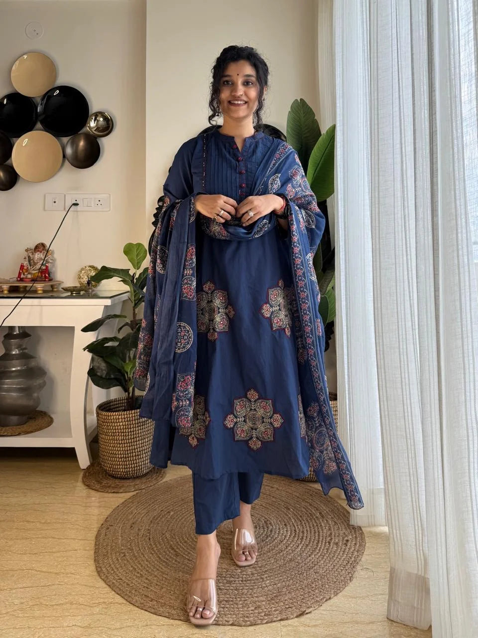 Elegant Navy Blue Printed Anarkali Kurta Set with Dupatta for Women