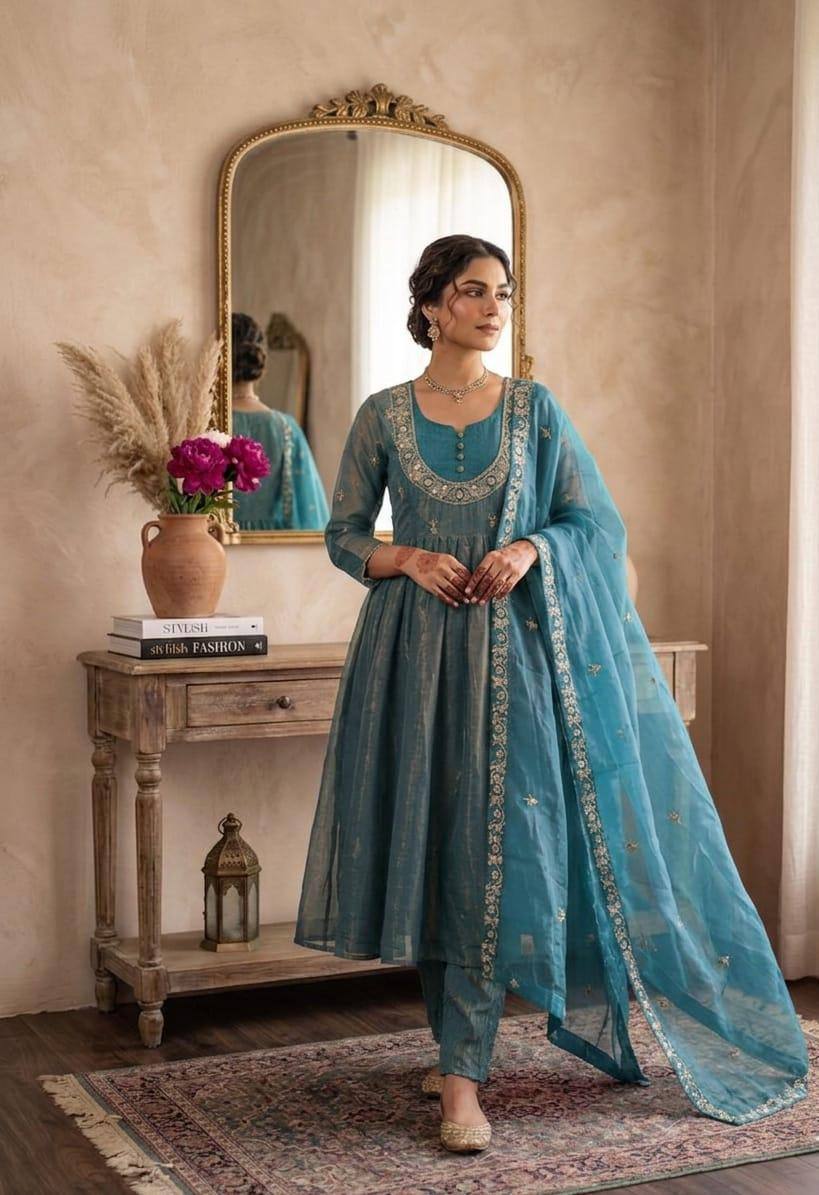 Sky Embroidered Anarkali Suit Set with Dupatta