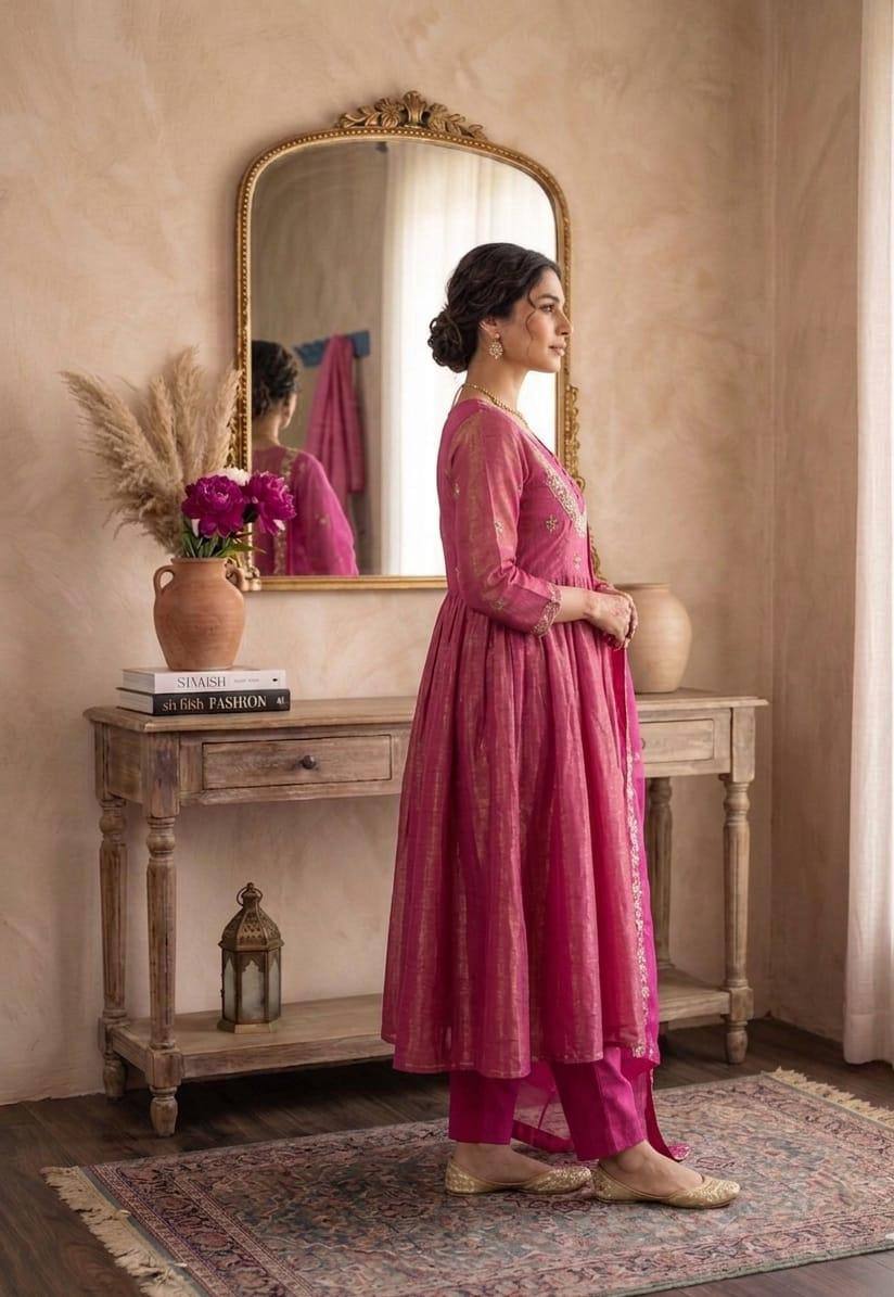 Pink Embroidered Anarkali Suit Set with Dupatta