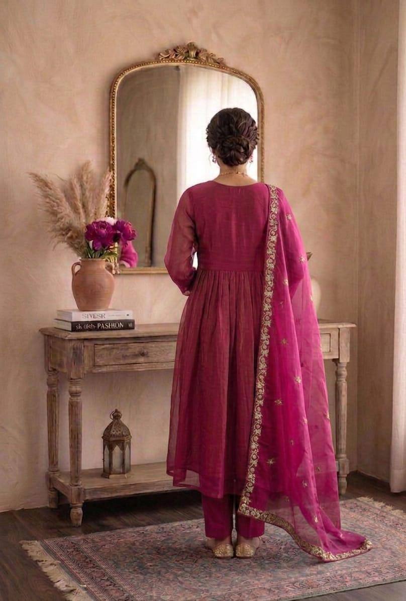 Pink Embroidered Anarkali Suit Set with Dupatta