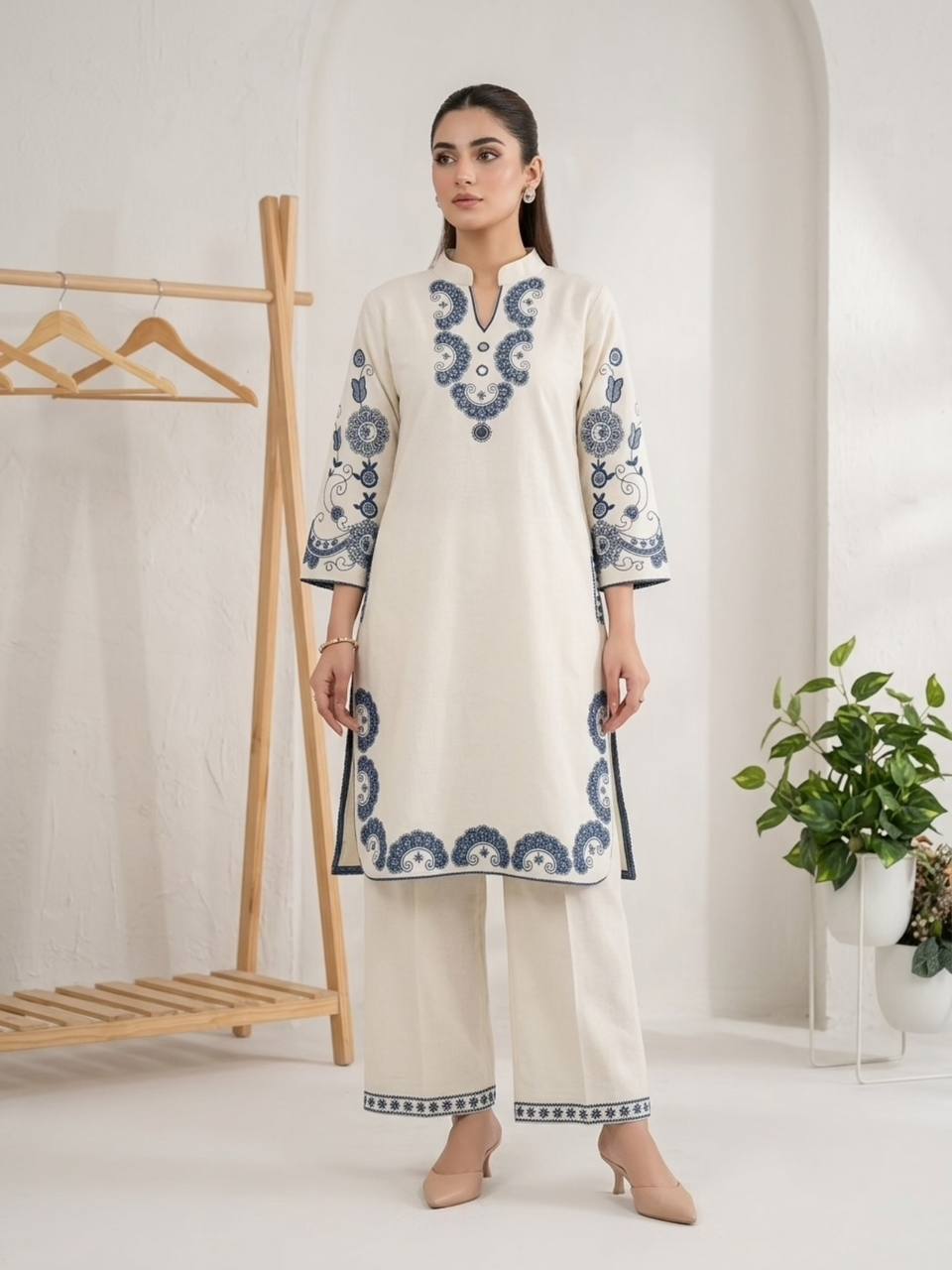 Elegant Ivory Cora Cotton Embroidered Kurta Pant Set with Mirror Work