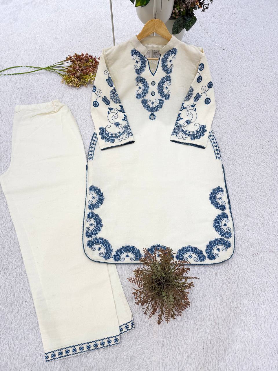 Elegant Ivory Cora Cotton Embroidered Kurta Pant Set with Mirror Work